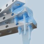 Abstract 3D design featuring metallic bars with flowing blue liquid on light background.